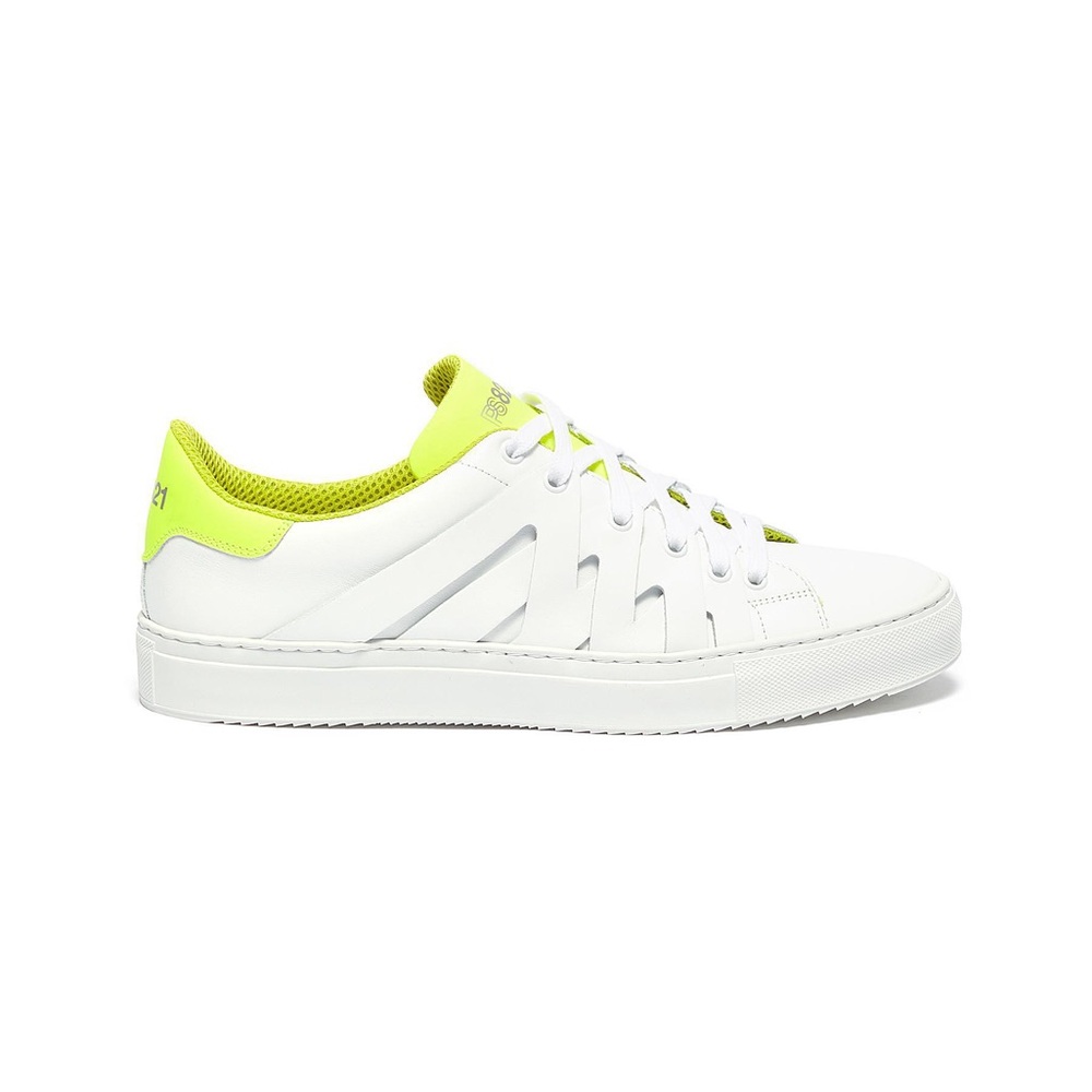 PS821, 'ALPHA FLURO' LIMITED EDITION NEON TONGUE CUTOUT LEATHER SNEAKERS